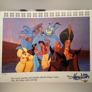 Disney's Aladdin 4 Souvenir Stamp Sheet-MNH; Princess Jasmine, Genie, Abu, Jafar